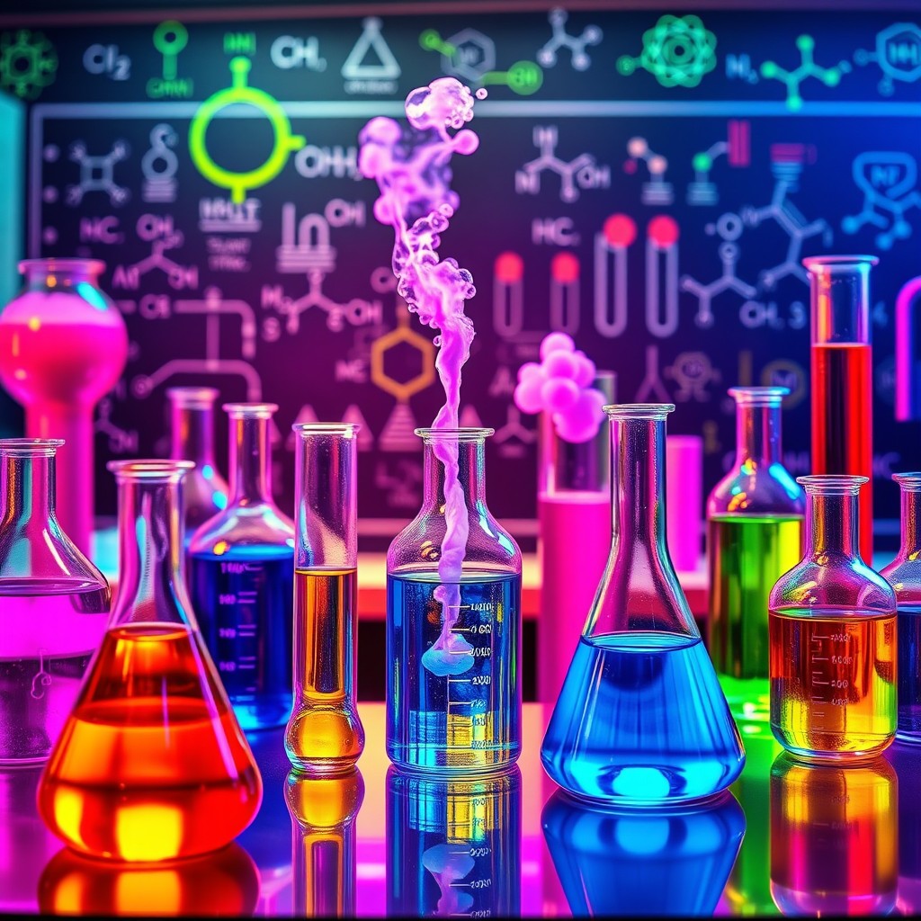 A colorful and visually striking chemistry laboratory scene, showcasing various glassware like beakers and flasks filled with vibrant liquids in neon colors