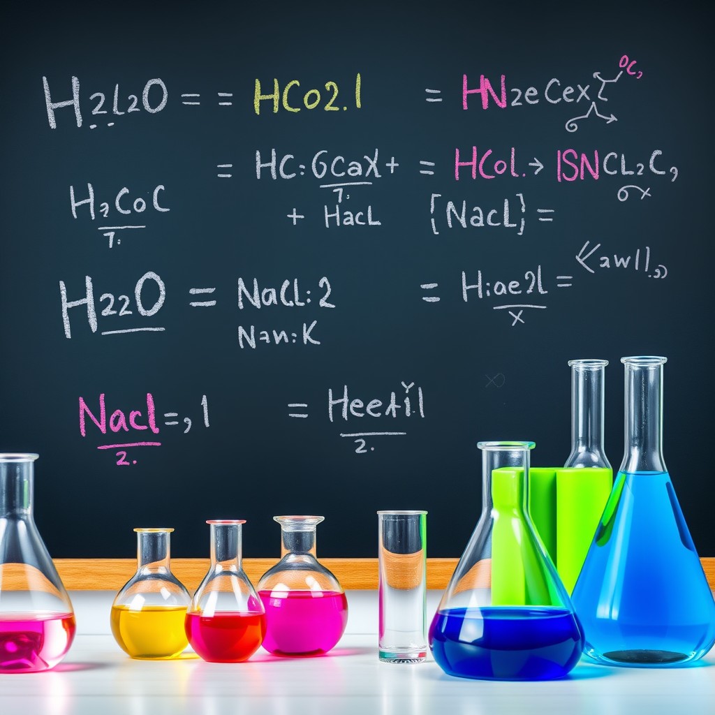An artistic representation of various chemistry equations and chemical reactions on a chalkboard in a brightly lit laboratory setting
