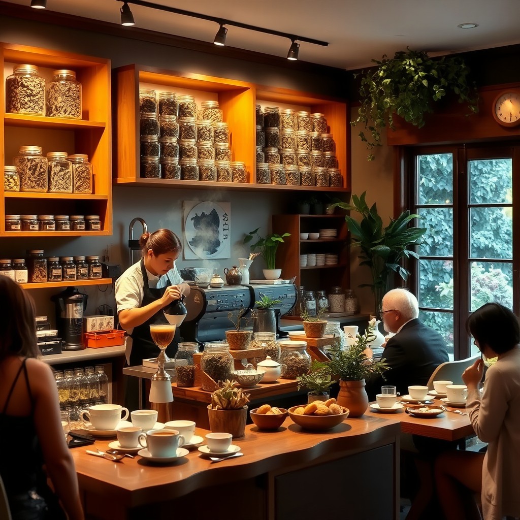 A cozy tea shop interior, featuring warm wooden shelves filled with various jars of loose leaf teas