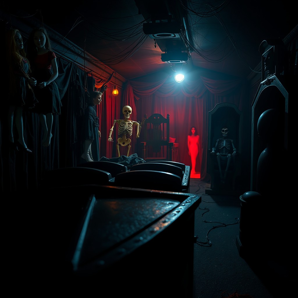 A spooky scene from a ghost house, showcasing a haunted carriage ride