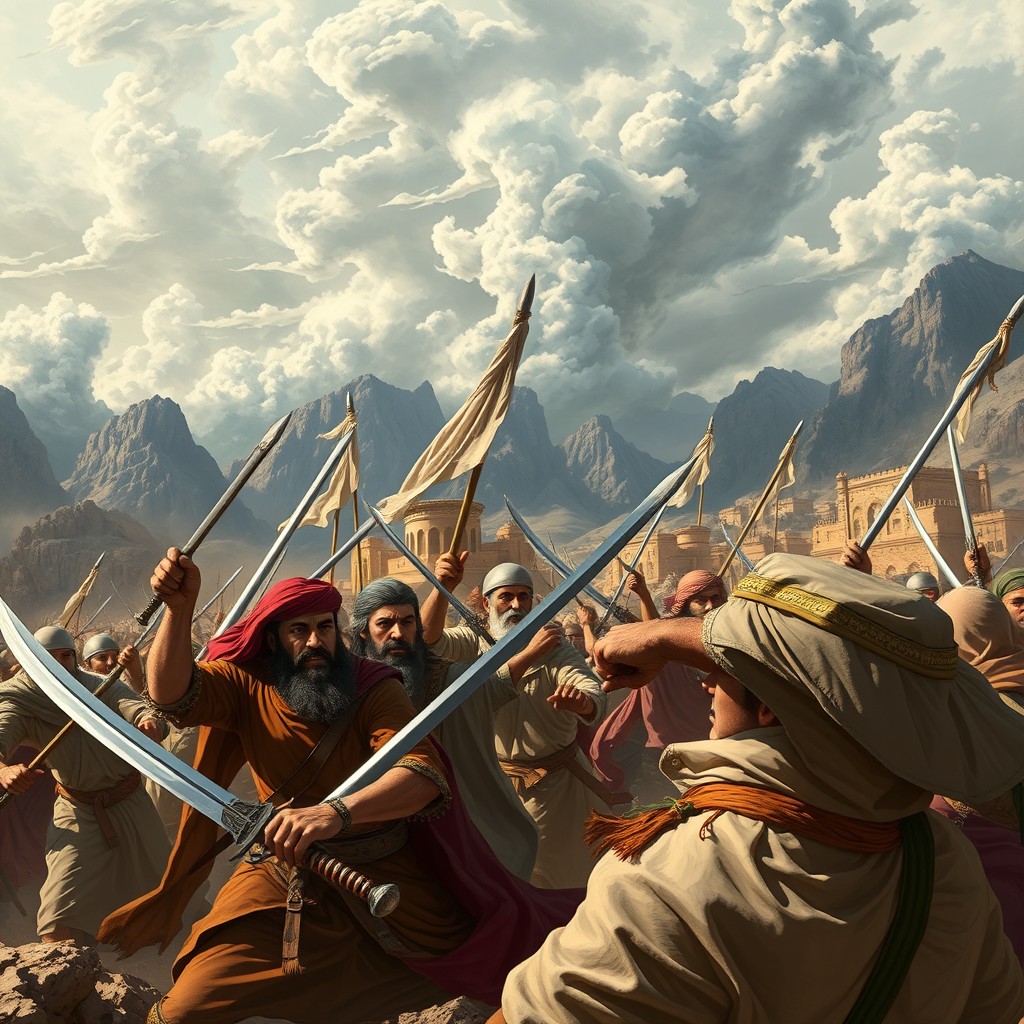 A dramatic scene depicting a historical battle in Khaybar, showcasing local citizens in traditional attire engaged in a heroic struggle