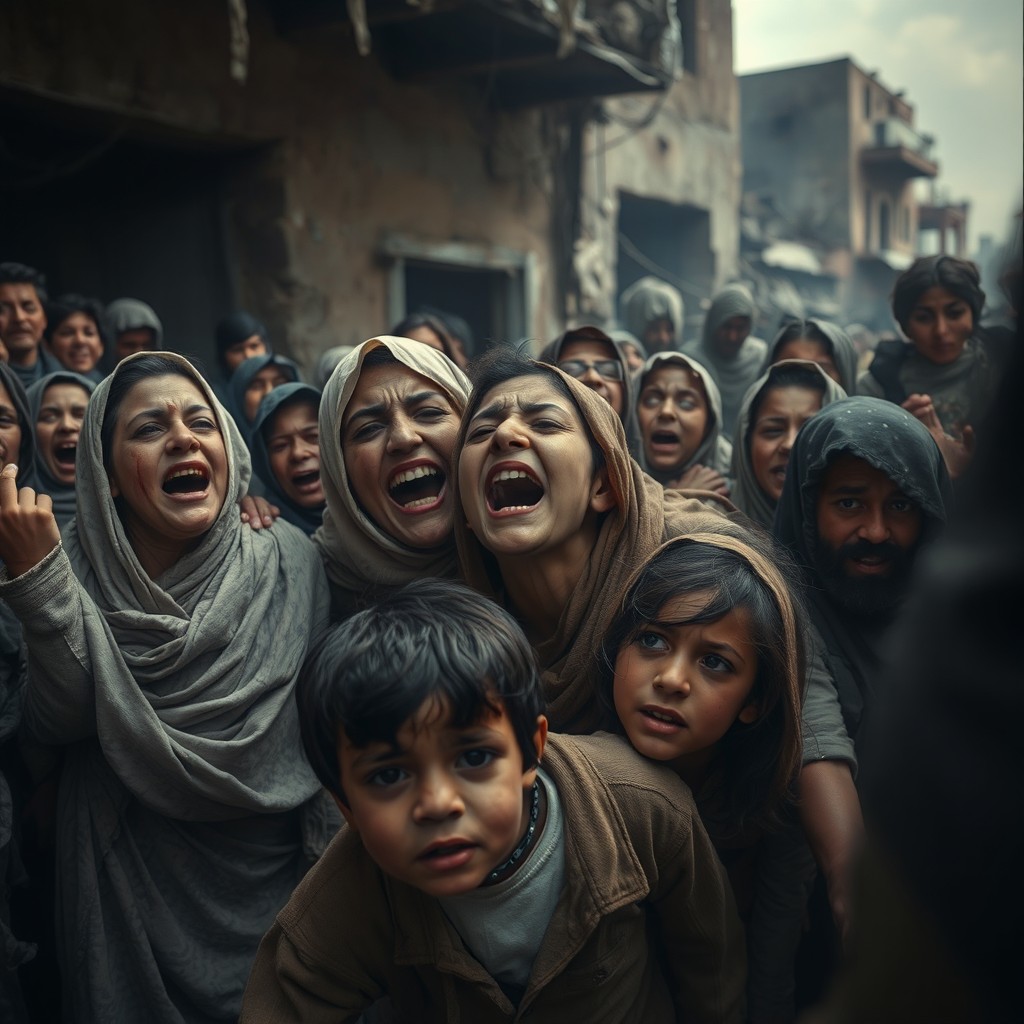 In a dramatic scene set in Khaybar, depict a group of injured people surrounded by a chaotic atmosphere