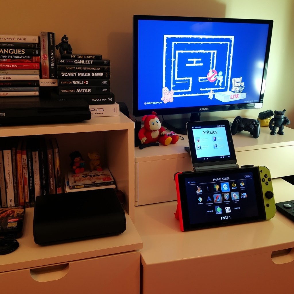 A nostalgic gaming room setup featuring multiple consoles on a stylish entertainment unit