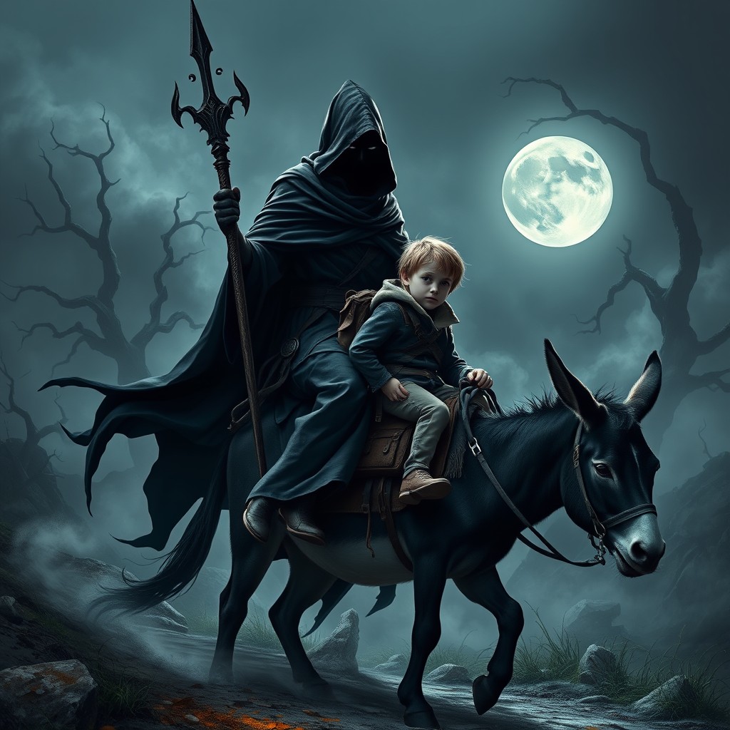 A shadow magician, resembling a Nazgûl, rides alongside his young squire, a 7-year-old boy, who is perched on a donkey