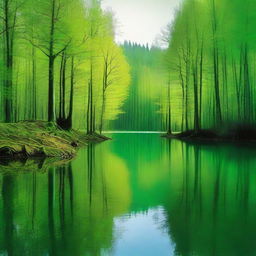 Surrealist forest scene with shades of vivid green and a calm lake reflecting the unique distortions of the landscape