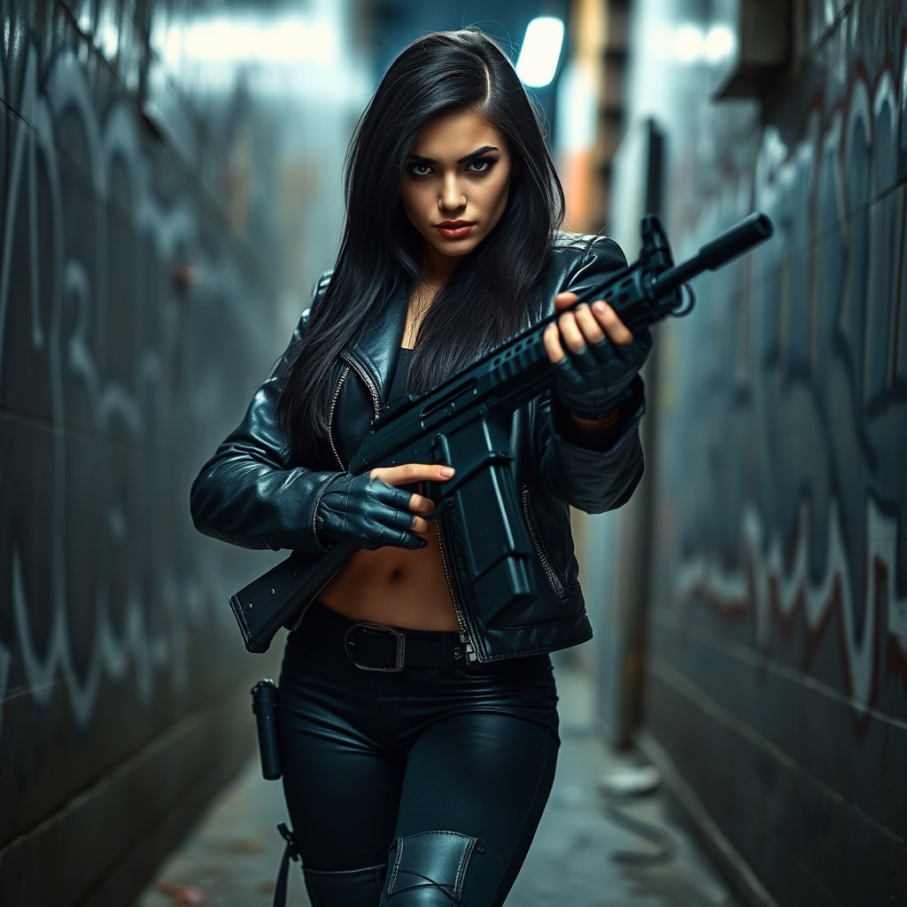 A fierce Turkish mafia girl, confidently gripping a machine gun, standing in an urban alleyway