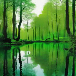 Surrealist forest scene with shades of vivid green and a calm lake reflecting the unique distortions of the landscape