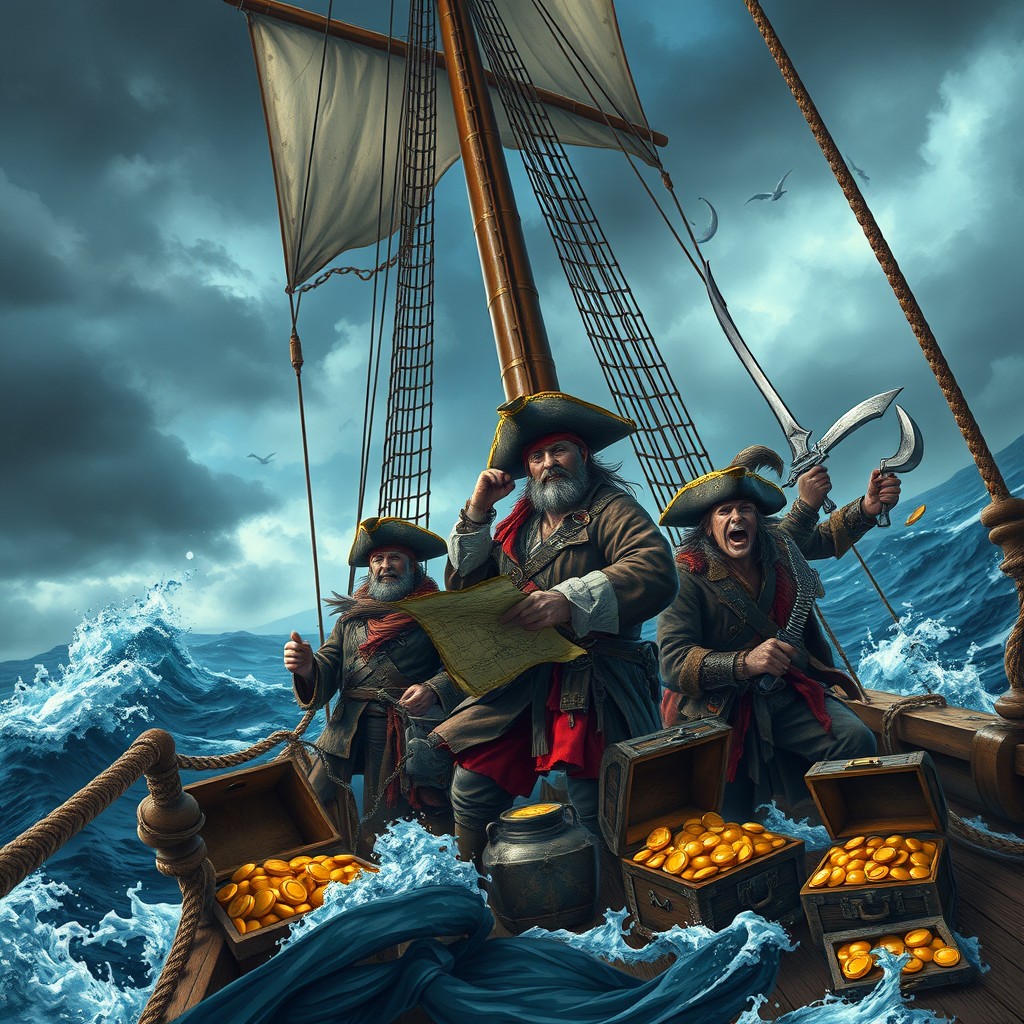A captivating scene featuring a group of rugged pirates on a grand sailing ship