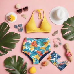 An image showcasing a collection of modern swimwear pieces on a bright tropical theme background.