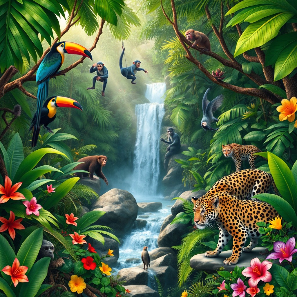 A lush jungle scene filled with vibrant wildlife including a colorful toucan perched on a branch, playful monkeys swinging from the trees, and a graceful jaguar prowling through the underbrush