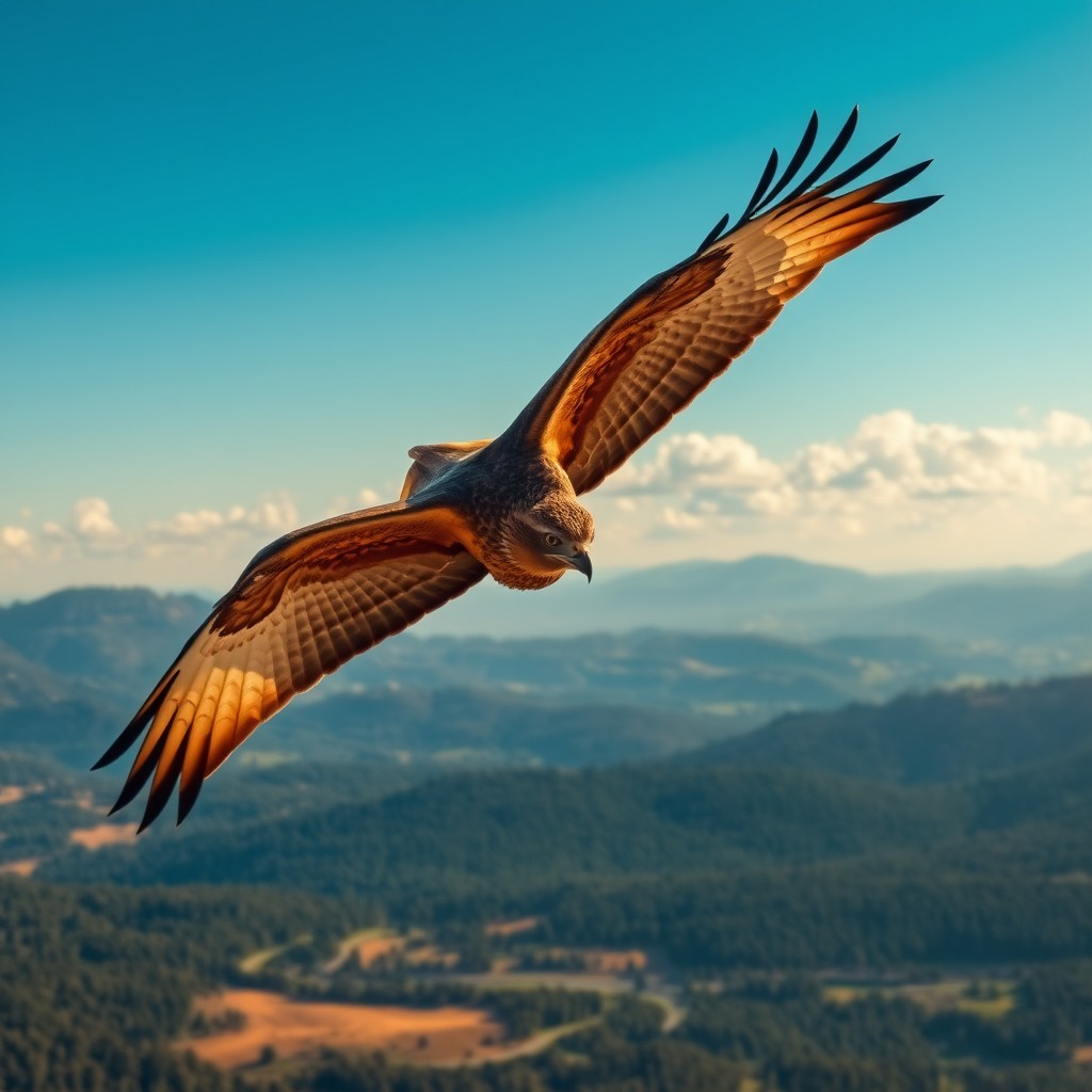 A majestic hawk soaring high in a clear blue sky, its wings outstretched and feathers beautifully detailed, showcasing a mix of rich browns and whites