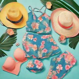 An image showcasing a collection of modern swimwear pieces on a bright tropical theme background.