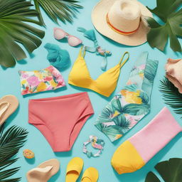 An image showcasing a collection of modern swimwear pieces on a bright tropical theme background.