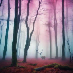 A surreal forest scene with distorted trees, mystical fog, and unusual wildlife, all tinted in vibrant, otherworldly colors