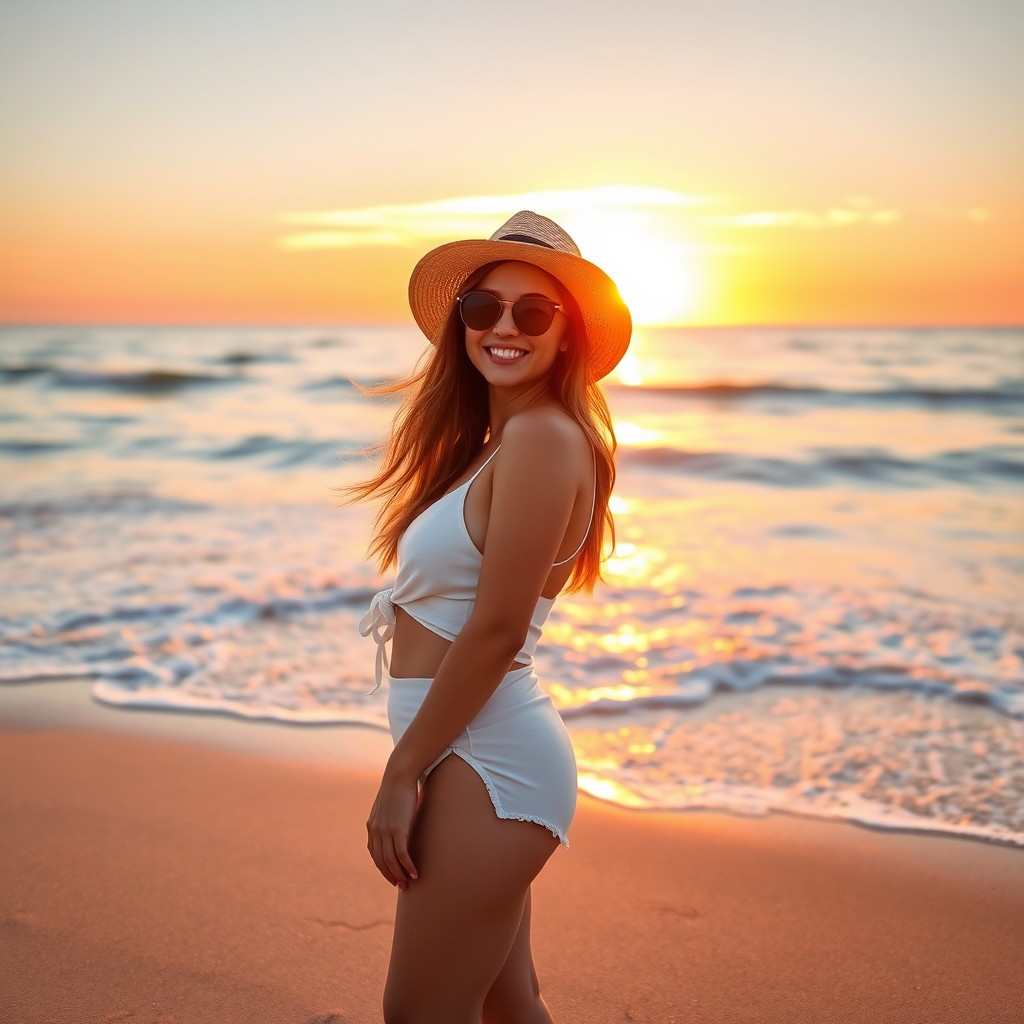 An attractive young woman in a summer outfit, standing confidently on a beach at sunset