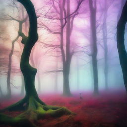 A surreal forest scene with distorted trees, mystical fog, and unusual wildlife, all tinted in vibrant, otherworldly colors