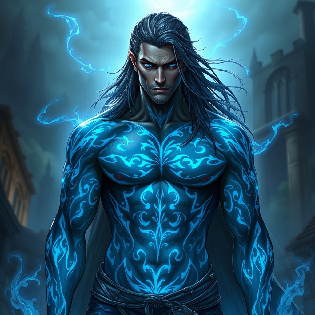 A male fantasy character with striking blue glowing tattoos covering his body