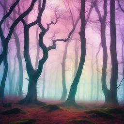 A surreal forest scene with distorted trees, mystical fog, and unusual wildlife, all tinted in vibrant, otherworldly colors