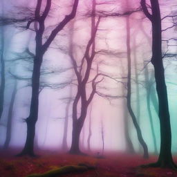 A surreal forest scene with distorted trees, mystical fog, and unusual wildlife, all tinted in vibrant, otherworldly colors