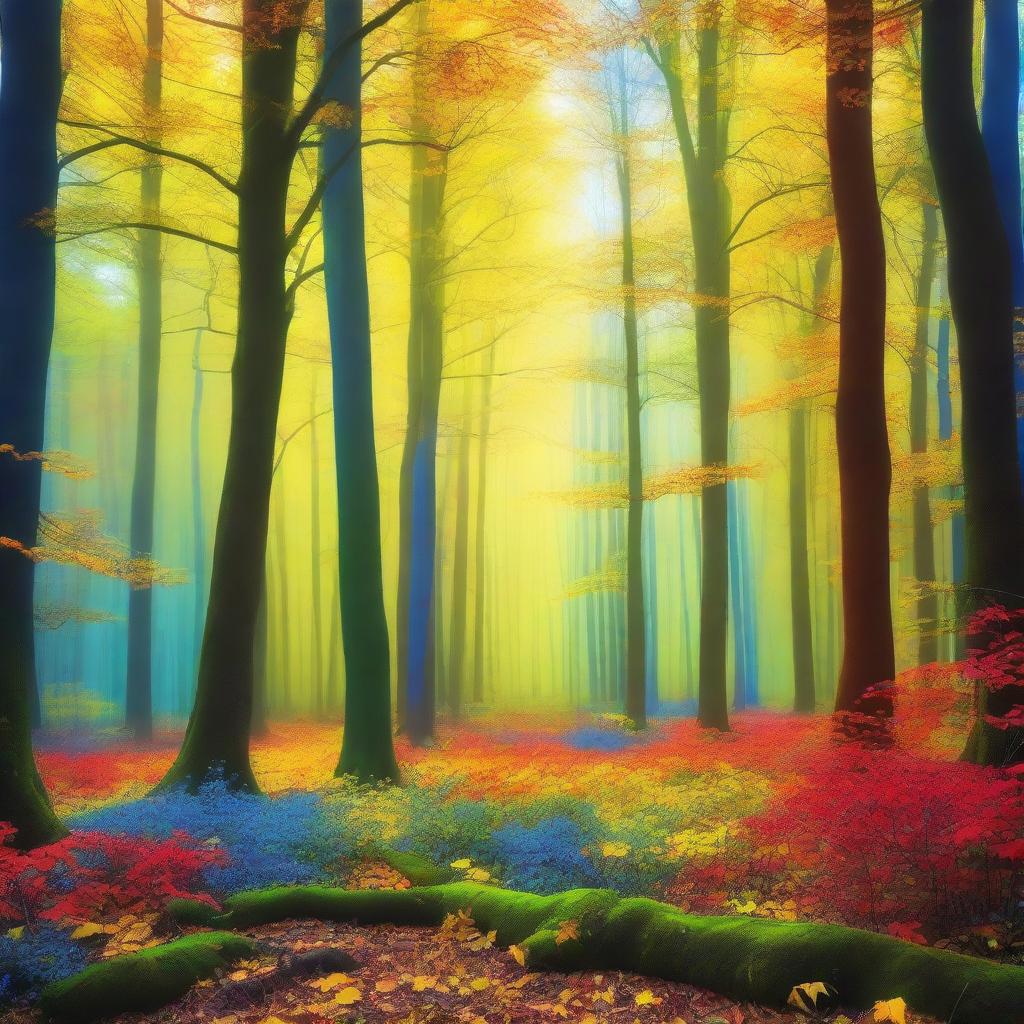 A surreal forest encapsulated with varying hues of yellow, green, blue, and red, creating a dreamlike spectacle of nature