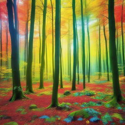 A surreal forest encapsulated with varying hues of yellow, green, blue, and red, creating a dreamlike spectacle of nature