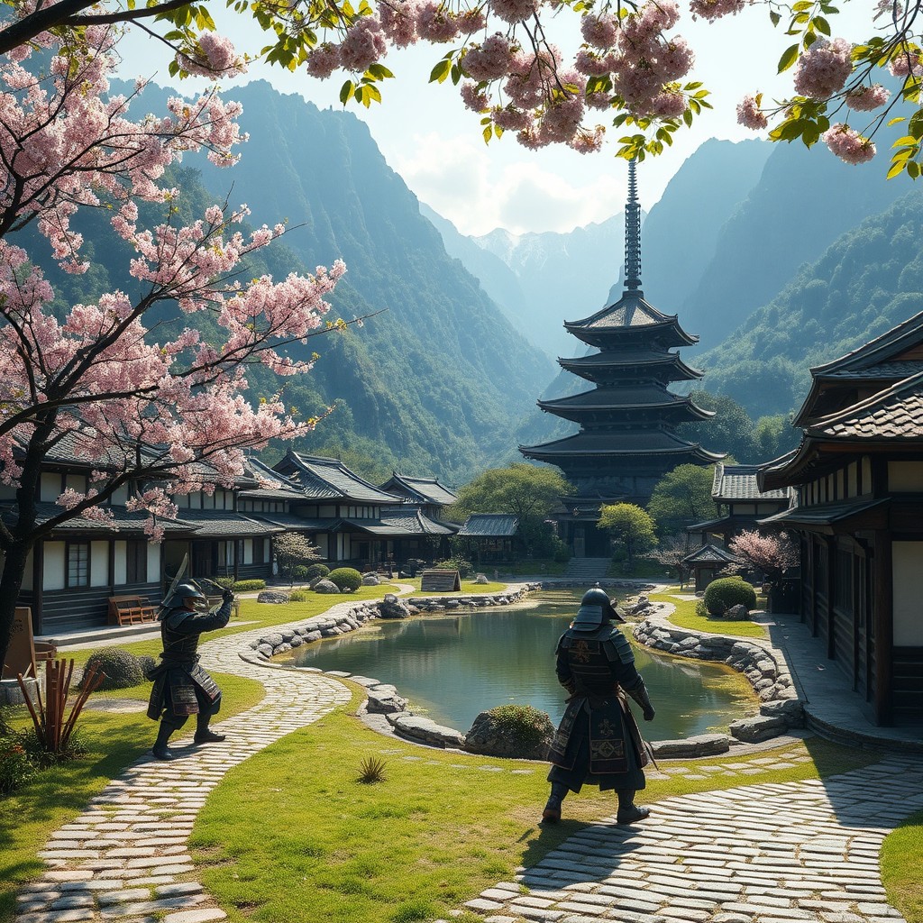 A serene Samurai village nestled in a lush, green valley, surrounded by towering mountains and cherry blossom trees in full bloom
