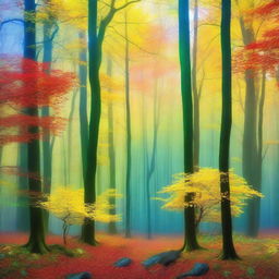 A surreal forest encapsulated with varying hues of yellow, green, blue, and red, creating a dreamlike spectacle of nature