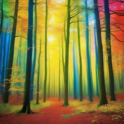 A surreal forest encapsulated with varying hues of yellow, green, blue, and red, creating a dreamlike spectacle of nature