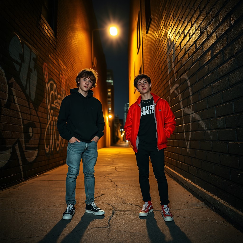 Two boys standing in a dark alleyway, illuminated by a single flickering street lamp