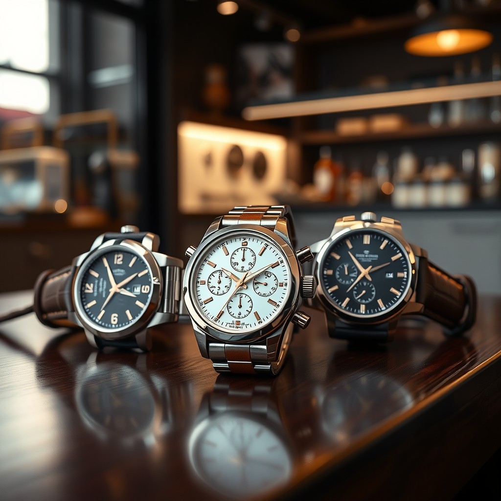A collection of luxury watches elegantly displayed on a sleek, dark wooden table
