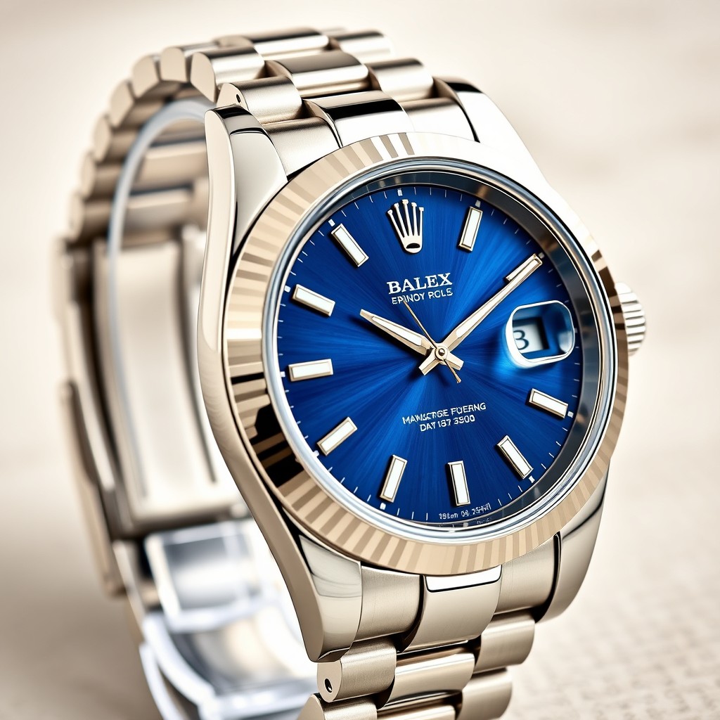 A luxurious watch design that closely resembles a classic Rolex, featuring a polished stainless steel case with an elegant, round dial