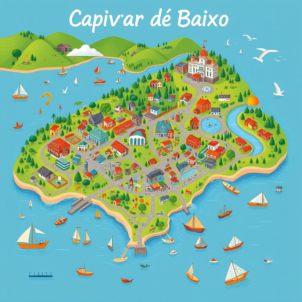 A detailed pictorial map of Capivari de Baixo, Santa Catarina, Brazil, showcasing the town's unique geography, key landmarks, and notable features