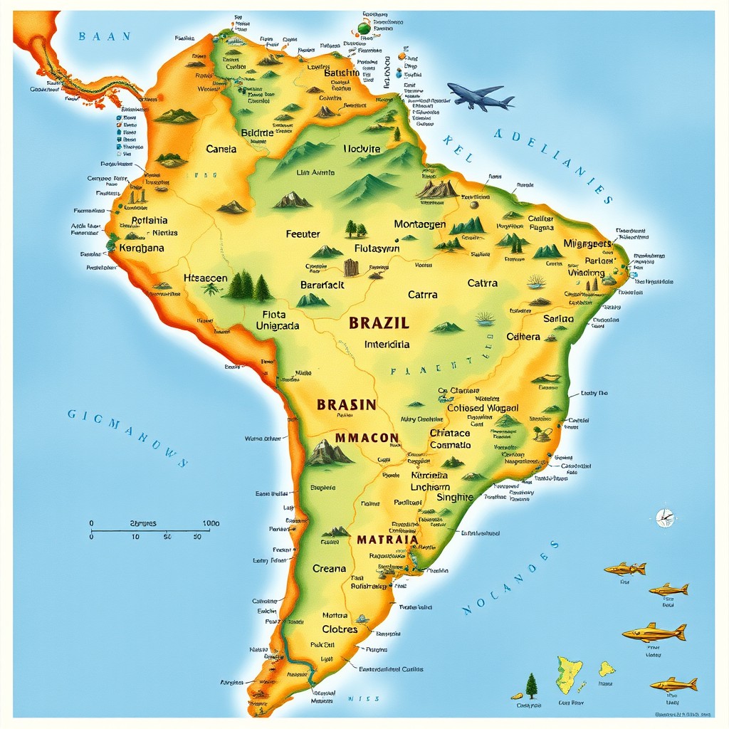 A detailed map of Brazil showcasing its various states and geographical features