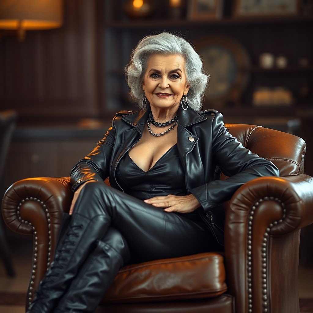 A confident and alluring older woman, embodying the essence of a dominant granny, dressed in stylish leather attire that accentuates her curves and charisma