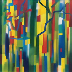 An abstract art of forest composed of bold patches and strokes of yellow, green, blue, and red, creating a modern interpretation of nature