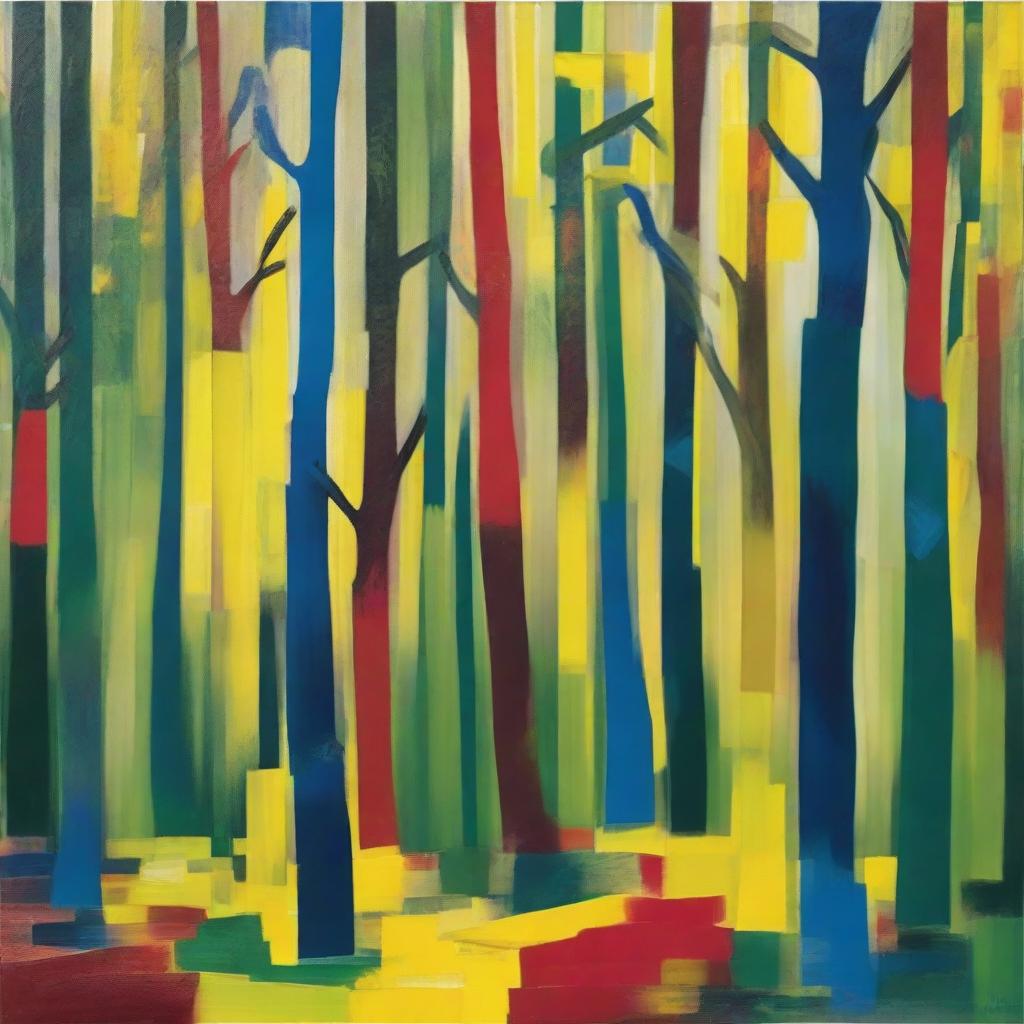 An abstract art of forest composed of bold patches and strokes of yellow, green, blue, and red, creating a modern interpretation of nature