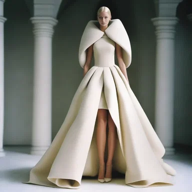 The fashion designer created an avant-garde dress with an arch-shaped impost incorporated into the design.