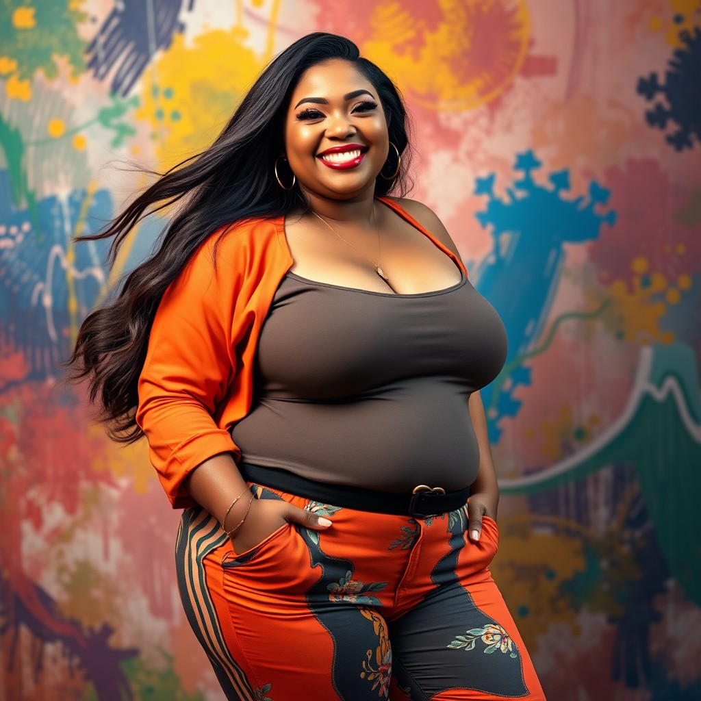 A stunning portrait of a plus size woman confidently posing in a vibrant and stylish outfit