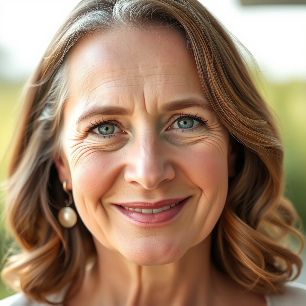 A realistic portrait of a 46-year-old white woman with soft, gentle features