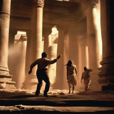 The suspenseful scene in the movie showed the protagonist narrowly escaping as the impost of the ancient temple collapsed behind them.