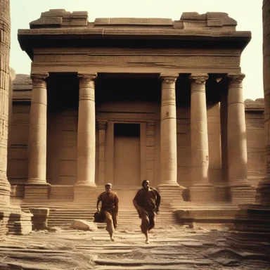 The suspenseful scene in the movie showed the protagonist narrowly escaping as the impost of the ancient temple collapsed behind them.