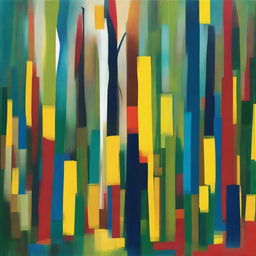 An abstract art of forest composed of bold patches and strokes of yellow, green, blue, and red, creating a modern interpretation of nature