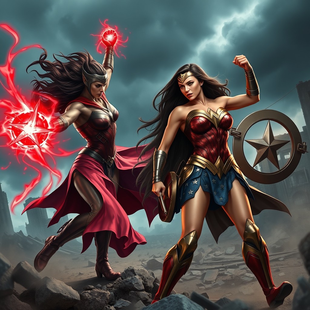 A dynamic and intense battle scene between Scarlet Witch and Wonder Woman, set against a dramatic, apocalyptic landscape