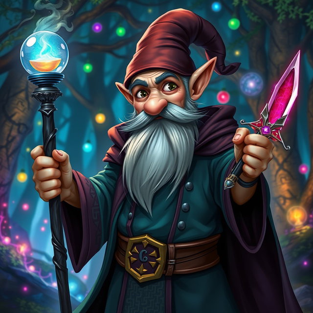 A lean, scrappy, handsome middle-aged gnome warlock, confidently holding a magical sphere-top sapphire staff in one hand and a magical ruby dagger in the other