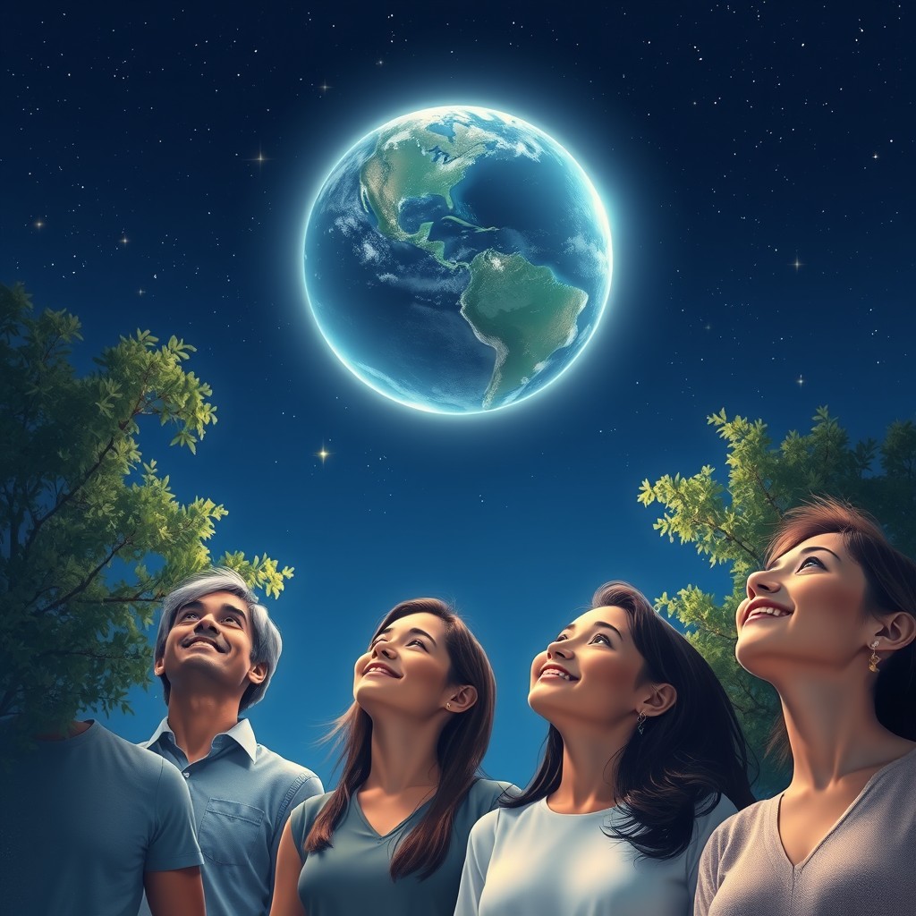 A serene scene depicting a bright Earth in the night sky with people looking up as if in peace and wonder