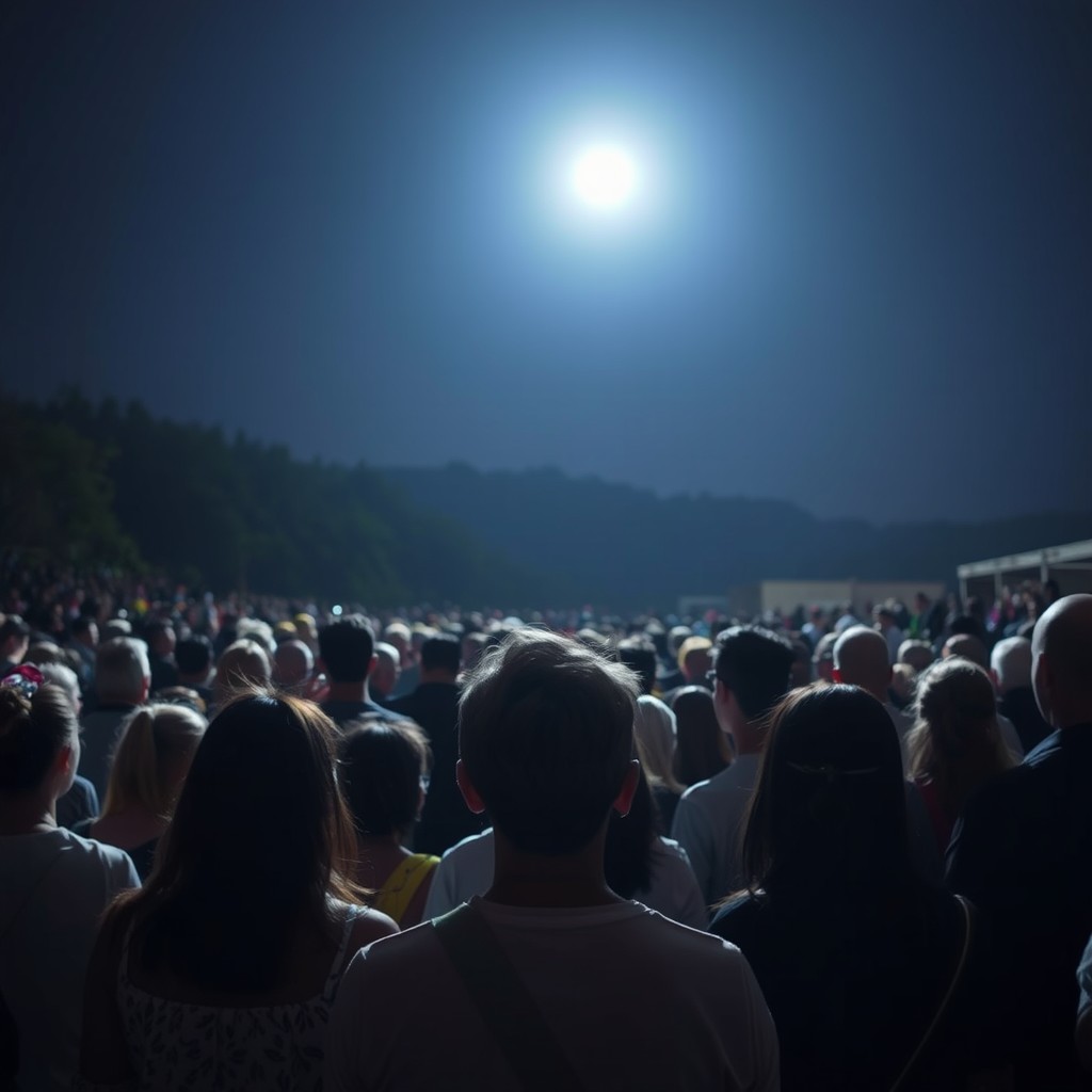 A mesmerizing scene showing a multitude of people, from a back view, gazing at a bright light in the night sky, creating an atmosphere of awe and peace