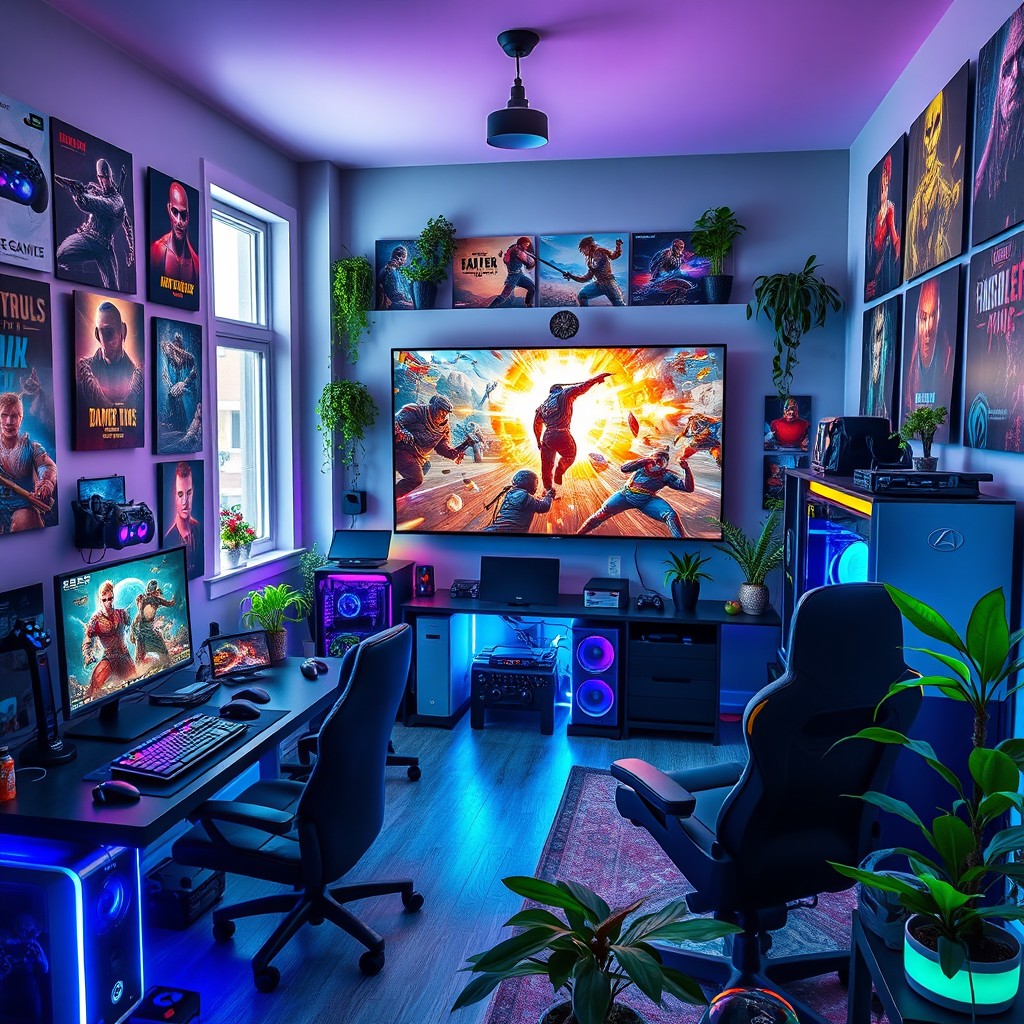 An energetic and colorful gaming room featuring futuristic gaming consoles, high-end gaming PCs with glowing RGB lights, and a large flat-screen TV displaying an intense video game battle scene