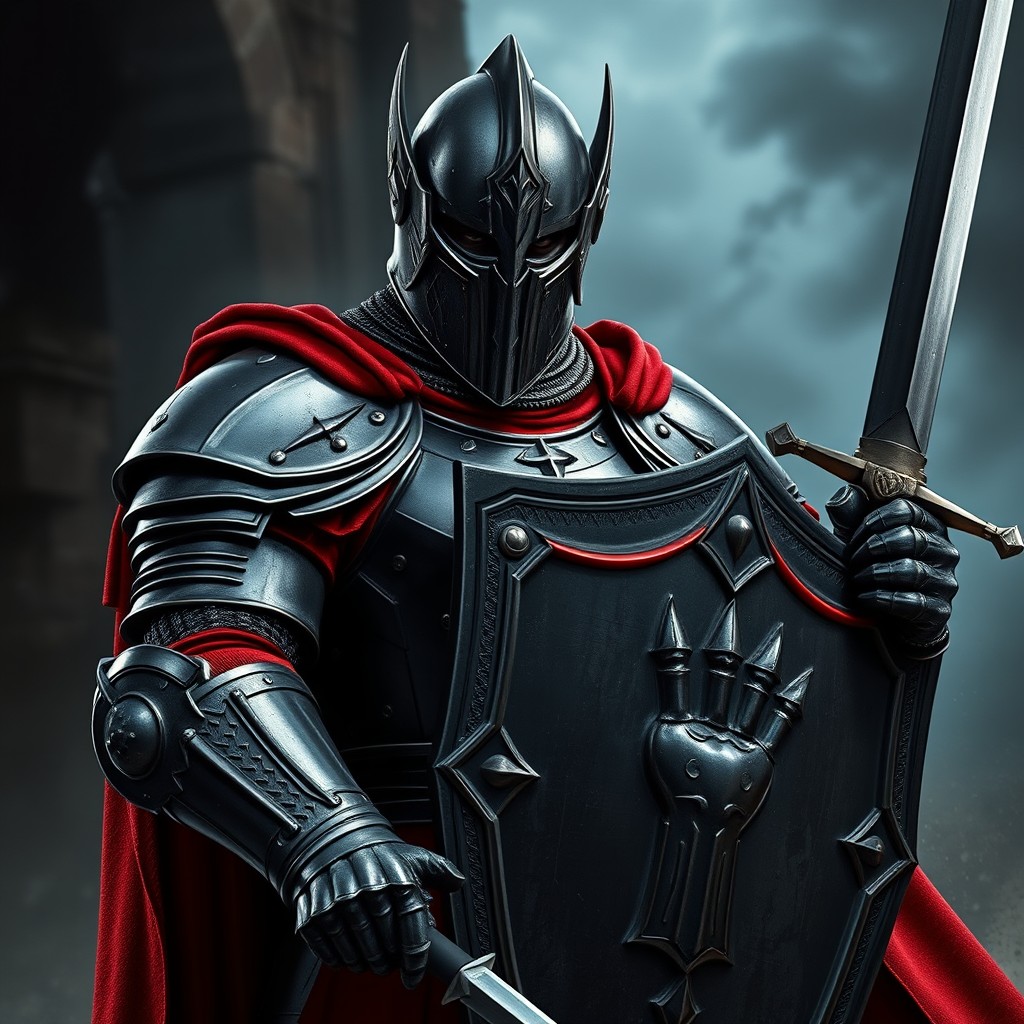 An intimidating knight clad in black adamantine plate armor, featuring a menacing helmet that adds to his fearsome appearance