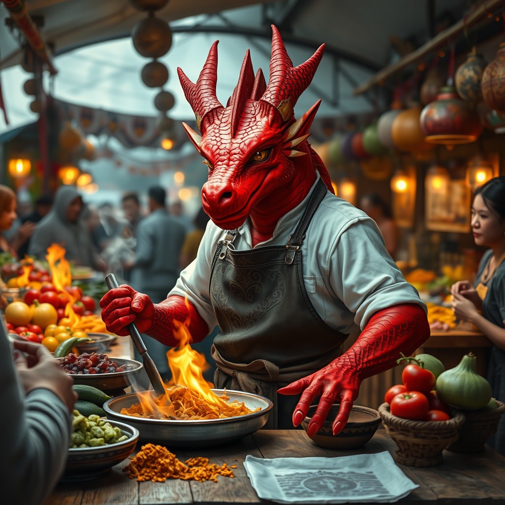 A dragonborn chef with vibrant red skin and striking golden eyes showcasing their culinary skills at a bustling market food stall