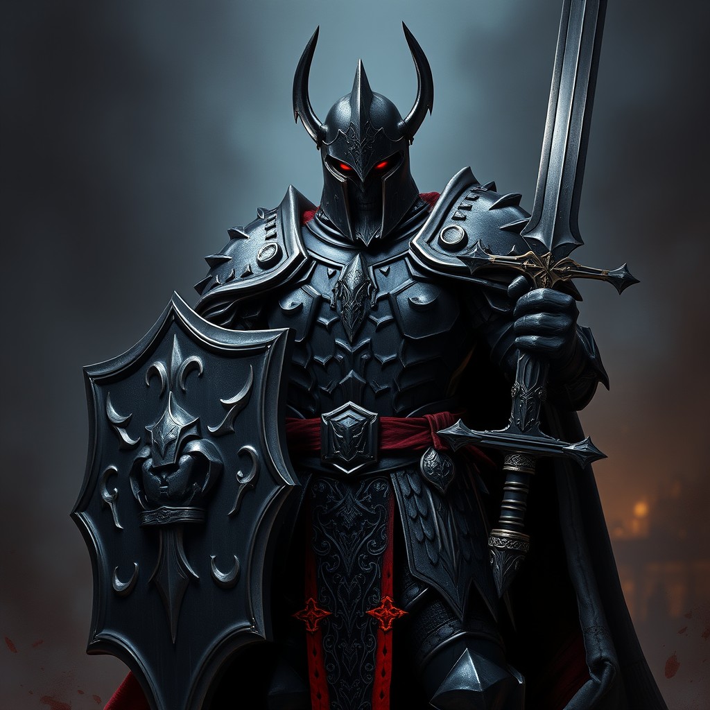 An intimidating knight clad in intricate black adamantine plate armor, featuring a menacing helm with red accents that emphasize his fearsome presence
